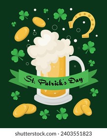 Happy St. Patrick's Day. Postcard design with beer, coins and shamrocks on a dark green background, Traditional Irish holiday template design.