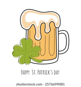 Happy St. Patrick's Day. A postcard with clover and beer on a white background. Cartoon doodles. Vector design for prints, posters, postcards, banners, invitations.