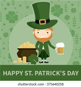 Happy St. Patrick's Day. Postcard with cute Leprechaun. Vector illustration