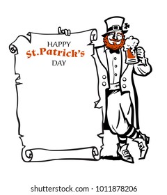Happy St Patricks Day poster. Leprechaun character holding beer mug and old paper scroll with text . Hand drawn vector illustration isolated on white background.