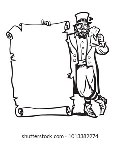 Happy St Patricks Day poster. Leprechaun character holding beer mug and old paper scroll with empty space for text. Black and white sketch. Isolated hand drawn vector illustration. 