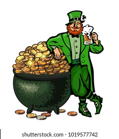 Happy St Patricks Day poster. Cartoon Leprechaun character holding beer mug leaning on pot full of gold coins. Hand drawn sketch vector illustration isolated on white background.