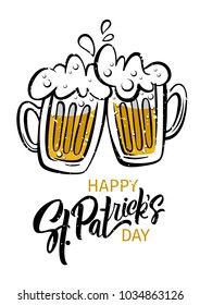 Happy St. Patrick's Day poster.  Illustration of a beer mugs with lettering St. Patrick's Day. Vector illustration. 