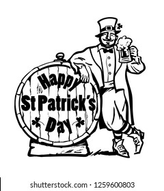Happy St Patricks Day poster. Leprechaun character holding beer mug leaning on barrel. Hand drawn sketch vector illustration isolated on white background.