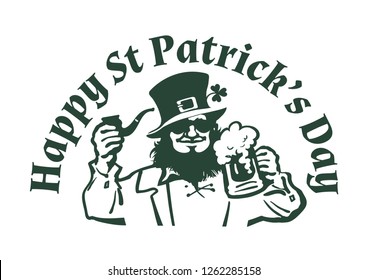 Happy St Patricks Day poster. Leprechaun character in traditional Irish costume and sunglasses with beer mug and pipe. Hand drawn vector illustration isolated on white background.