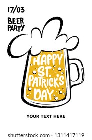 Happy St. Patrick's Day poster.  Illustration of a beer mug with lettering St. Patrick's Day. Vector illustration. Beer party. Oktoberfest