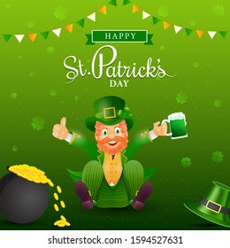 Feliz diseño de afiches del Día de San Patricio con alegre personaje de Leprechaun sosteniendo la jarra de cerveza y la olla de monedas en el fondo de las hojas verdes de Shamrock.