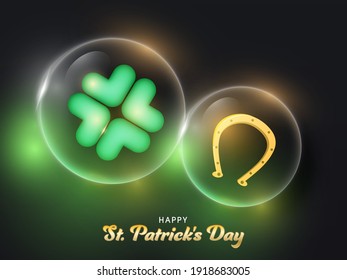 Happy St. Patrick's Day Poster Design With Glossy Clover Leaf And Golden Horseshoe Inside Glass Balls On Green And Black Background.
