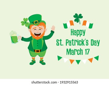 Happy St. Patrick's Day Poster with cheerful leprechaun with mug of green beer vector. Laughing cute leprechaun with beer and Irish flag icon. St. Patrick Day greeting card, March 17. Important day