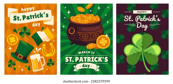 Alles Gute zum St Patricks Day Poster Set. Grußkarten mit vierblättrigem Glücksklee, Bierkrug, Goldtopf, irischer Flagge und Koboldhut. Cartoon-FlachVektorgrafik, einzeln auf weißem Hintergrund