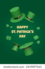 Happy St. Patrick's Day Poster mit diversen 3D-Kobobobelhüten, die um Text mit Kleeblatt fliegen. Irische traditionelle Elemente. Bannervorlage. Vektorgrafik im Cartoon- und Plastikstil.