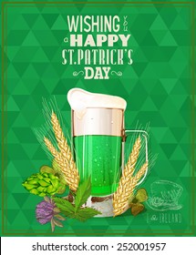 Happy St. Patrick's day. Patrick's day poster with beer mug on green background.