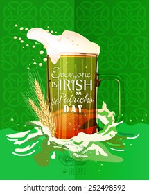 Happy St. Patrick's day. St. Patrick's day poster with beer mug on green background.