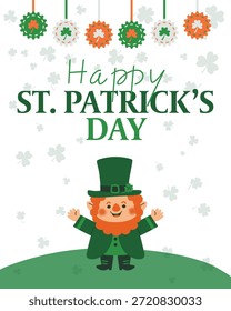 Happy St. Patrick's Day poster with cute cartoon leprechaun. Festive vector banner with green hat, shamrocks and typography for holiday party invitation flyer