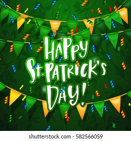 Happy St. Patrick's Day poster with gold and green festive  flags and confetti.  Party invitation