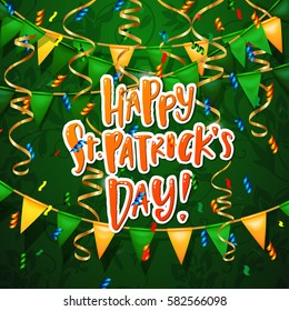 Happy St. Patrick's Day poster with gold and green festive  flags and confetti