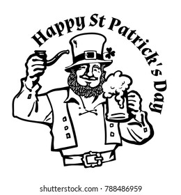  Happy St Patricks Day poster.  Leprechaun character in traditional Irish costume with beer mug and pipe. Hand drawn vector illustration isolated on white background.