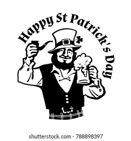  Happy St Patricks Day poster.  Leprechaun character in traditional Irish costume with beer mug and pipe. Hand drawn vector illustration isolated on white background.