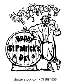 Happy St Patricks Day poster. Leprechaun character holding beer mug leaning on barrel with text under the branches of hops. Hand drawn sketc vector illustration isolated on white background.