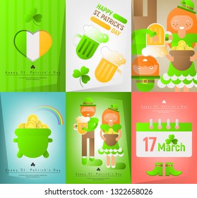 Happy St. Patrick's Day Posters Set with Irish Festival Icons and Symbols. Patricks Day Cards. Vector Illustration.