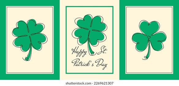 Happy St. Patrick's Day posters set. Greeting cards with four-leaf clover isolated icon. Clover sign illustration pictogram. Vector Illustration in line art style.