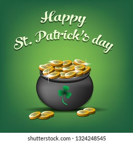 Happy St. Patricks day. Pot with gold coins for St. Patricks day on an isolated background. Pattern for banner, poster, greeting card, party invitation. Vector illustration