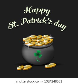 Happy St. Patricks day. Pot with gold coins for St. Patricks day on an isolated background. Pattern for banner, poster, greeting card, party invitation. Vector illustration