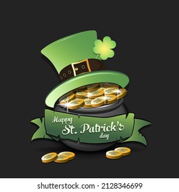 Happy St. Patricks day. Pot with gold coins with a leprechaun hat. Pattern design for logo, banner, poster, greeting card, party invitation. Vector illustration on isolated background