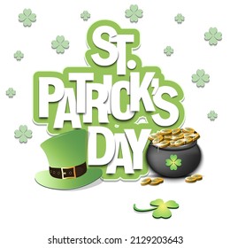 Happy St. Patrick's day. Pot with gold coins, leprechaun hat and clover. Pattern design for logo, banner, poster, greeting card, party invitation. Vector illustration on isolated background