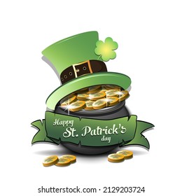Happy St. Patrick's day. Pot with gold coins with a leprechaun hat. Pattern design for logo, banner, poster, greeting card, party invitation. Vector illustration on isolated background
