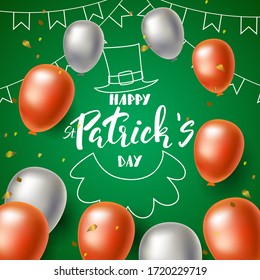 Happy St. Patricks Day quote, green background with white and orange ballons and hand written lettering, vector illustration