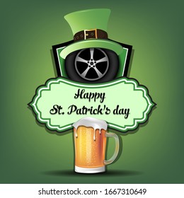 Happy St. Patricks day. Racing logo template design. Car wheel with St. Patrick hat and mug of beer. Pattern for banner, poster, greeting card, party invitation. Vector illustration