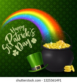 Happy St. Patrick's Day with rainbow, hat, and golden coins