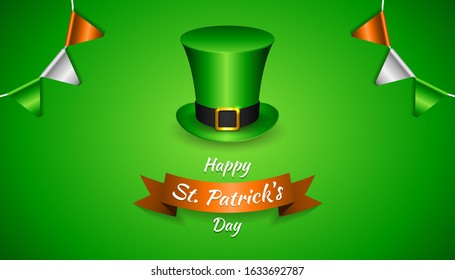 Happy St. Patrick's Day with realistic Green Hat, party flag ireland in green background. perfect for invitation, greeting, celebration card vector illustration
