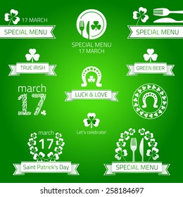 Happy St Patrick's day. Restaurant menu emblems - vector illustration. 