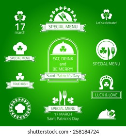 Happy St Patrick's day. Restaurant menu emblems - vector illustration. 