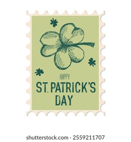 Happy St Patrick's day. Retro postage stamp with clover. Vector element