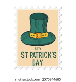 Happy St Patrick's day. Retro postage stamp with leprechaun hat. Vector element