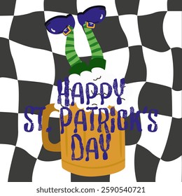 Happy St. Patrick's Day retro groovy poster. Vintage abstract chess background. Beer mug with a leprechaun. Ireland holiday. Vector illustration for greeting card