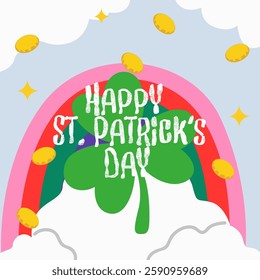 Happy St. Patrick's Day retro groovy poster. Vintage abstract Ireland holiday banner. Lucky symbols including rainbow, coins, clovers. Vector illustration for greeting card