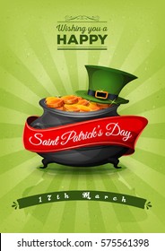 Happy St. Patrick's Day Retro Postcard/
Illustration of a happy st. patrick's day background, with wishes text and banner, big cauldron, green pilgrim hat, golden coins and retro vintage style