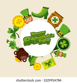 happy st patricks day round badge leprechaun hat shoe coin barrel clover