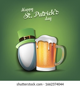 Happy St. Patricks day. Rugby ball with St. Patrick hat and mug of beer. Pattern for banner, poster, greeting card, party invitation. Vector illustration