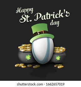 Happy St. Patricks day. Rugby ball with St. Patrick hat and pot with gold on an isolated background. Pattern for banner, poster, greeting card, invitation. Vector illustration