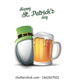 Happy St. Patricks day. Rugby ball with St. Patrick hat and mug of beer. Pattern for banner, poster, greeting card, party invitation. Vector illustration