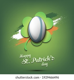 Happy St. Patricks day. Rugby ball and clover against the background of the Irish flag. Pattern for banner, poster, greeting card, party invitation. Vector illustration