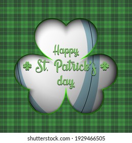 Happy St. Patricks day. Rugby ball in clover on an isolated background. Pattern for banner, poster, greeting card, party invitation. Vector illustration