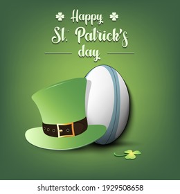 Happy St. Patricks day. Rugby ball and leprechaun hat on an isolated background. Pattern for greeting card, logo, banner, poster, party invitation. Vector illustration