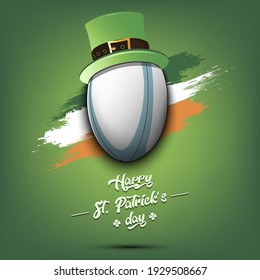 Happy St. Patricks day. Rugby ball in leprechaun hat the background of the Irish flag. Pattern for greeting card, logo, banner, poster, party invitation. Vector illustration