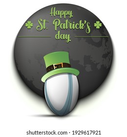 Happy St. Patricks day. Rugby ball in leprechaun hat on an isolated background. Pattern for greeting card, logo, banner, poster, party invitation. Vector illustration